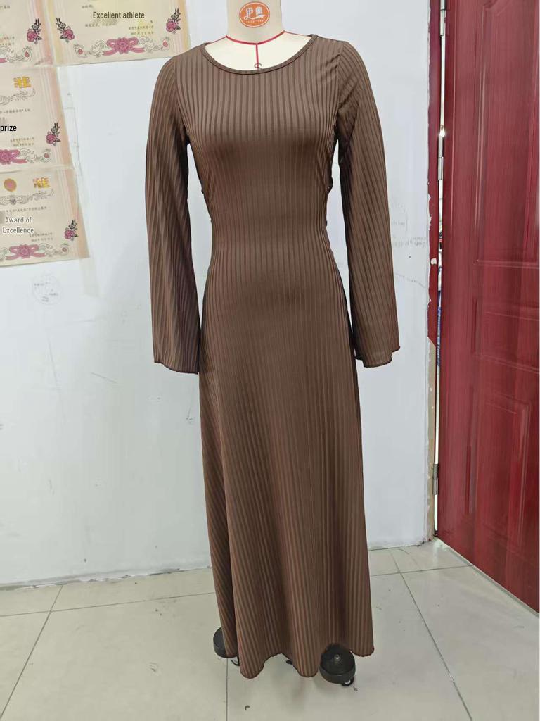 Women's Solid Color Stripe U-neck Long Sleeve Lace-up Dress
