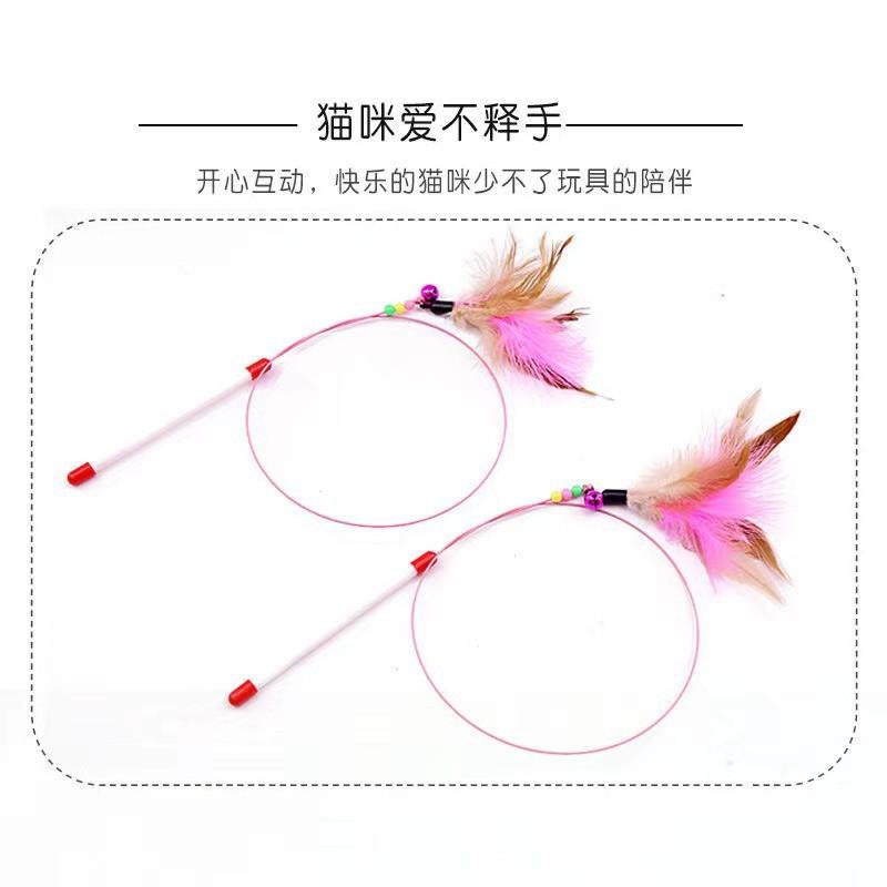 Interactive Cat Wand Toy With Feather Bell Plastic Handle Steel Wire Design Indoor Play Mental Stimulation