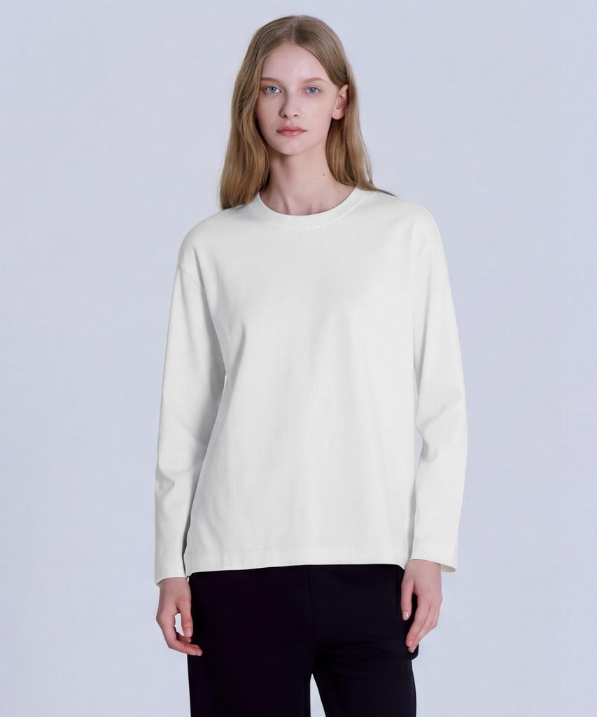 BASIC HOUSE Women'S 40-Count Relaxed Fit Crew Neck Long Sleeve T-Shirt Ivory Lats0207