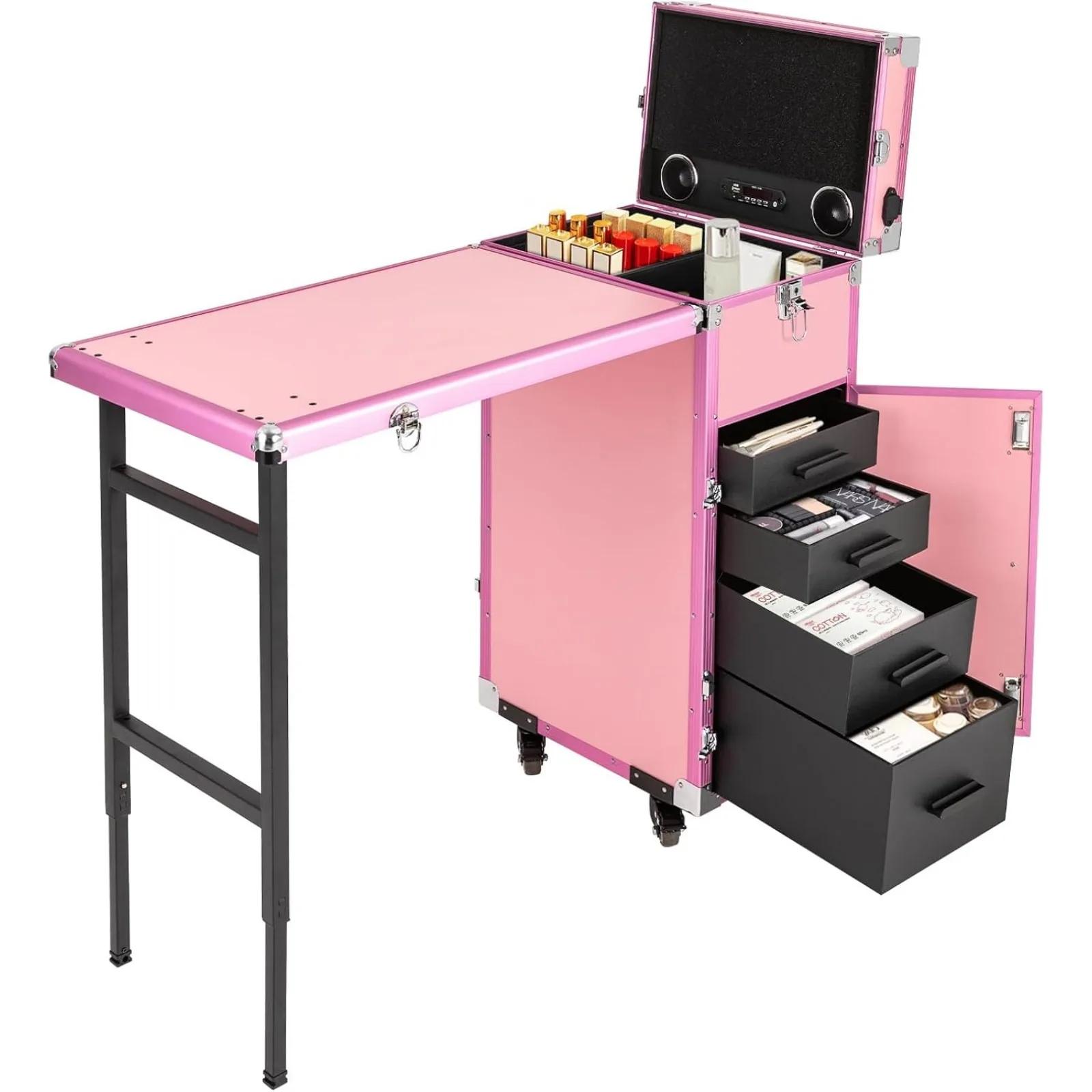 

Профессиональный кейс для макияжа на колесиках, складные маникюрные столы, дорожная косметическая тележка, органайзер для хранения с 4 ящиками, зеркало и динамик M