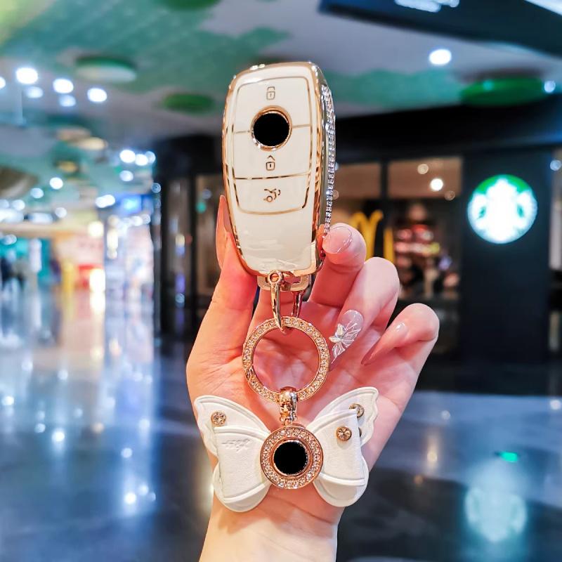 For Mercedes Benz Key Fob Cover, Bling Gold/Silver White Tpu Key Case With Keychain, Car Key Protector For C/E/S Class, Glc/Gle