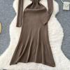 Autumn Winter Women V-neck Full Sleeve Casual Knitted Pullover Sweater Long Midi Dresses