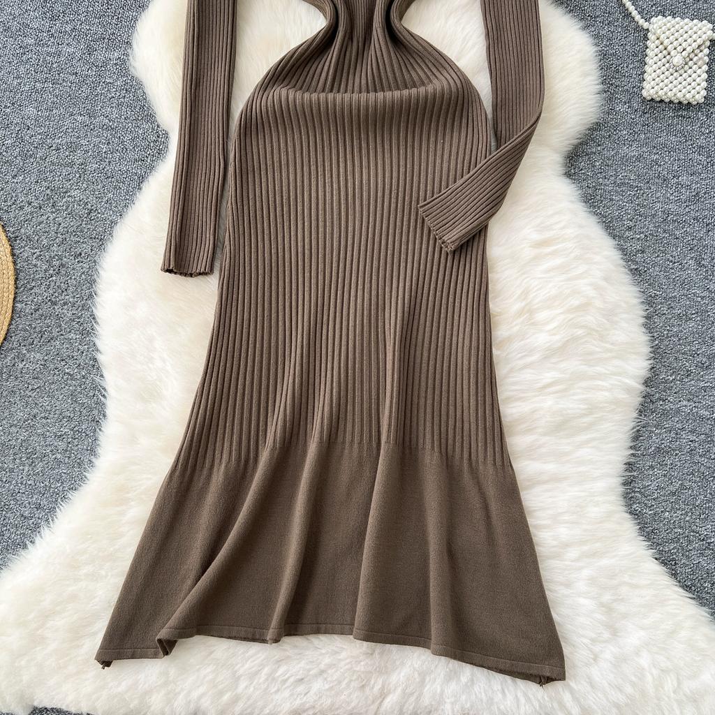Autumn Winter Women V-neck Full Sleeve Casual Knitted Pullover Sweater Long Midi Dresses