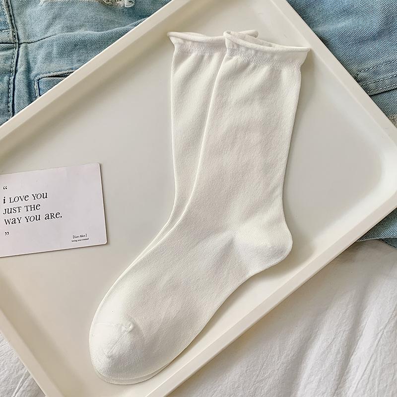 Solid Color Women’s Cotton Mid-Calf Socks - Japanese Rolled Edge for Spring & Autumn, Ruched Style, Versatile.