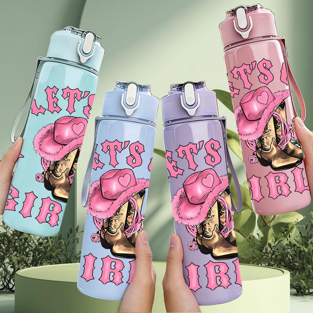 1PC Let's Go Girls Cowboy Hat Pink 750ml Color Plastic Sports Water Bottle Leakproof Flip Straw Lid Suitable for Sports Office Home Use