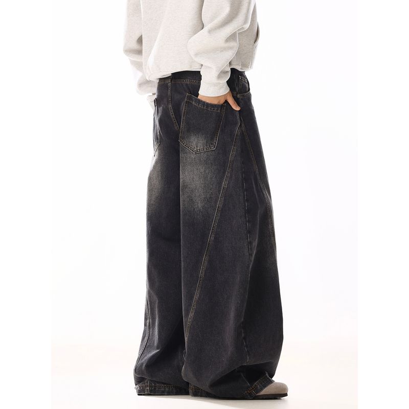 American Vintage Cat Whisker Design Black Curved Knife Jeans Men and Women Ruffle Handsome Distressed High Street Loose Casual Wide-Leg Pants