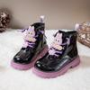 Girls' Martin Boots with Side Zipper, Autumn/Winter Labubu Princess Style Mid-Calf Boots, Shiny Leather, Waterproof, Soft Sole, Fashion Shoes for