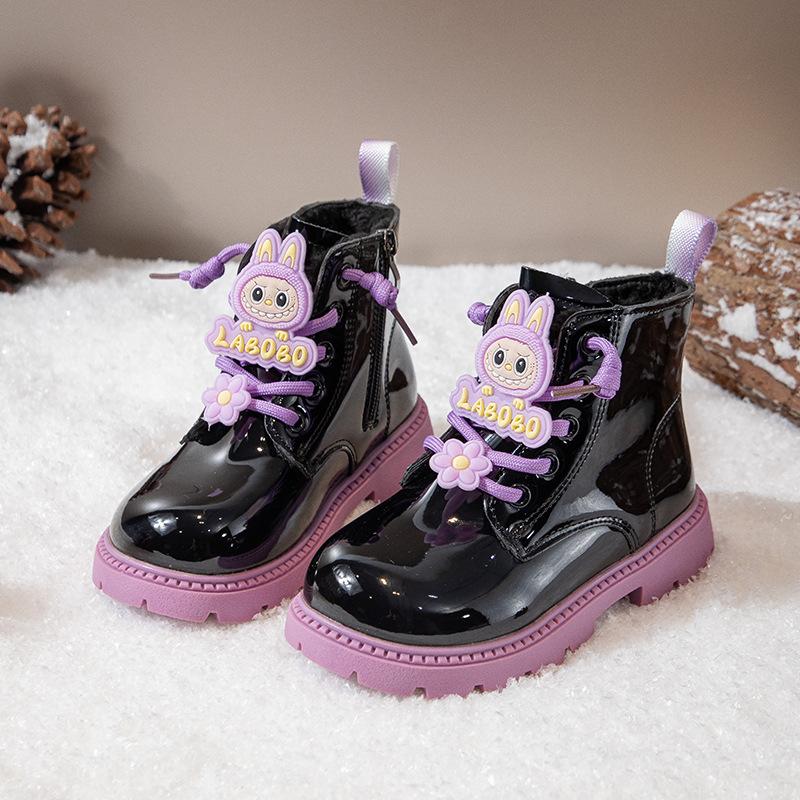 Girls' Martin Boots with Side Zipper, Autumn/Winter Labubu Princess Style Mid-Calf Boots, Shiny Leather, Waterproof, Soft Sole, Fashion Shoes for