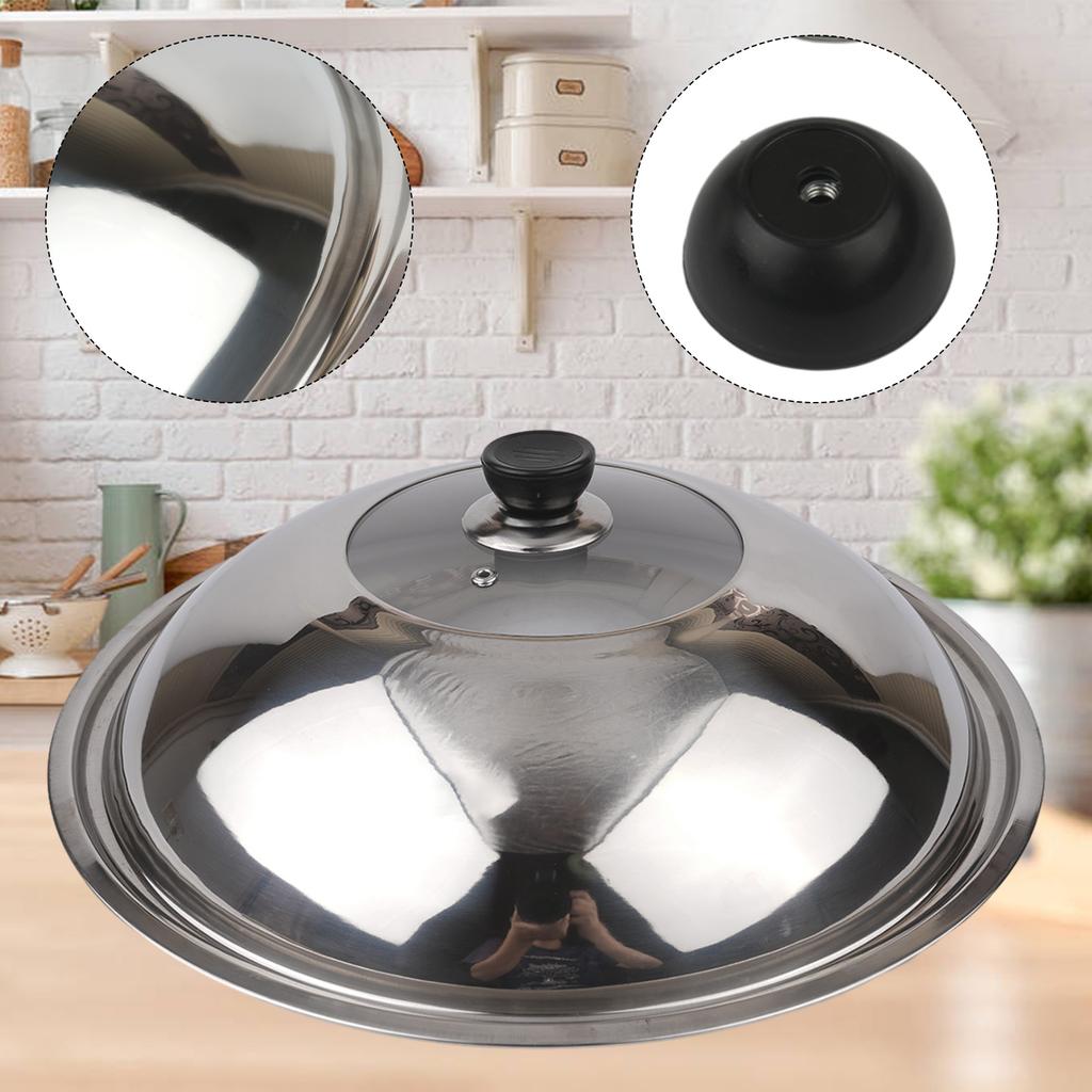 Wok Lids Pot Cover Cooking Utensils Glass Construction Lid Pot Cover Silver Stainless Steel Kitchen Supplies 1PC