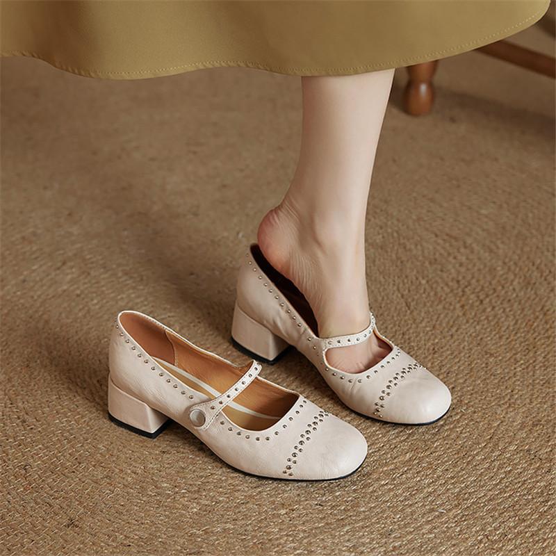 Fashion New Summer Genuine Leather Women Pumps Shoes for Women Fashion Rivet Round Toe Mary Jane Shoes Women Mid Heel Ladies Shoes
