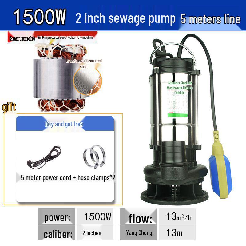 Stainless Steel 220V Small Submersible Water Pump for Household, High Head, Agricultural, and Sewage Use.