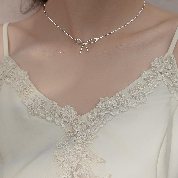 Women's Simple Cold Style Bow Pendant Clavicle Necklace - 925 Sterling Silver, Summer Jewelry