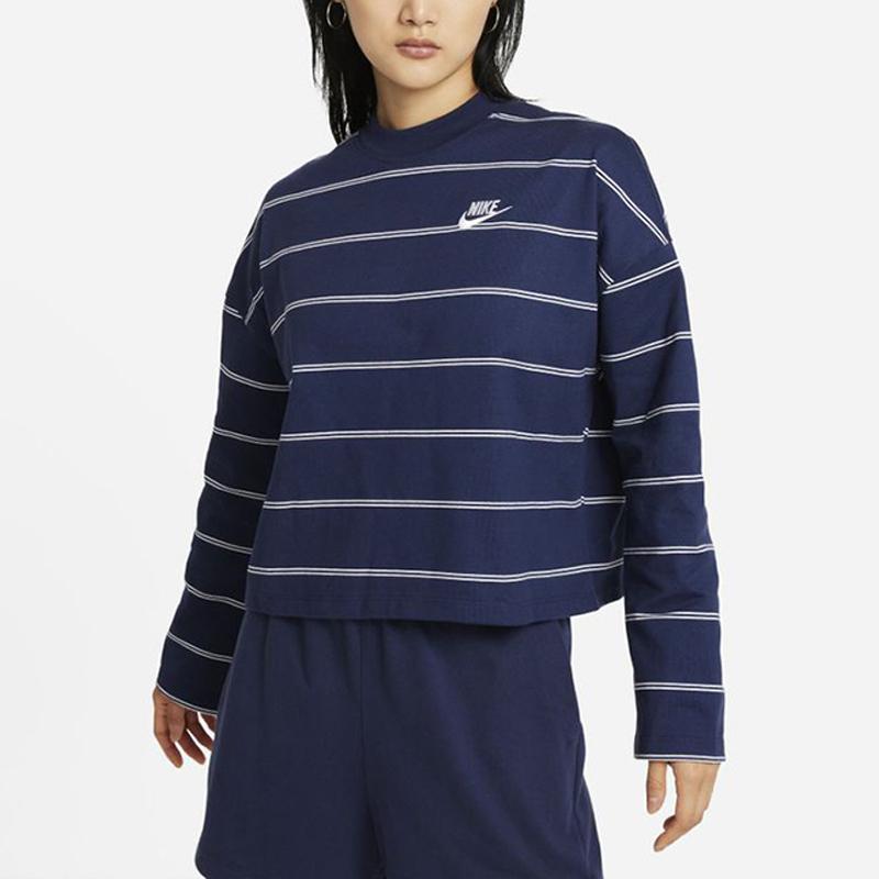 Nike Loose Fit Striped Crew Neck Long Sleeve T-Shirt Women Tops Navy DD5187-410