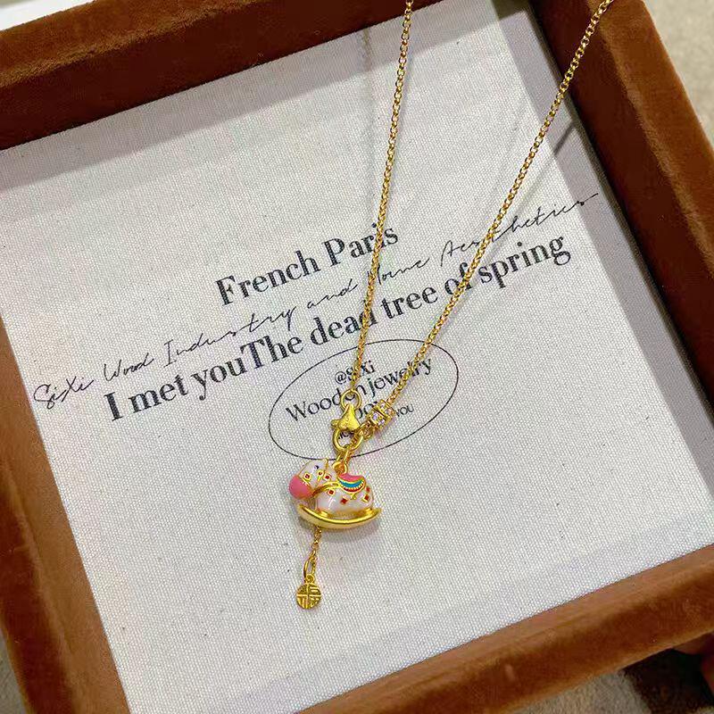 Vietnam Sand Gold Zodiac Horse Enamel Necklace: Women's Rocking Horse Pendant Clavicle Chain