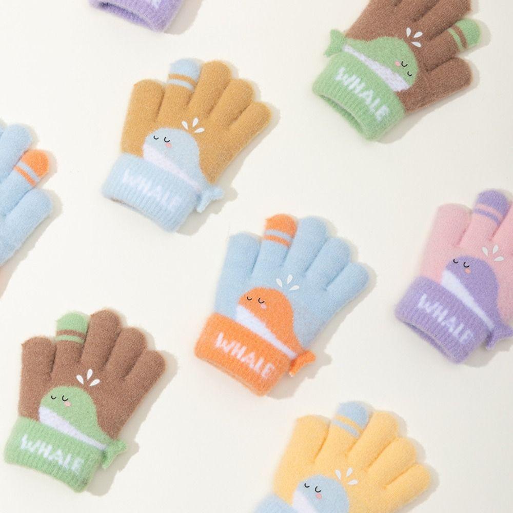 Warm Plush Winter Knitted Gloves Cute Whale Kids Gloves Cartoon Five-finger Gloves  Boys Girls