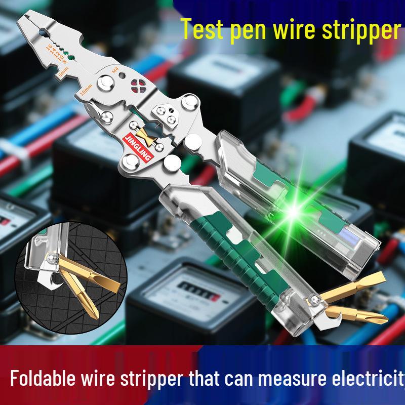 Electrician's Multifunction Tool: Pen-Style Wire Stripper, Cutter, Crimper, and Foldable Screwdriver.