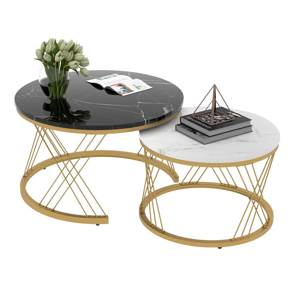WF300416BAA) Moderner Kaffee-Beistelltisch, Kaffee-Tisch-Set Marmorfurnier Sofaseiten-Tischset Runde Beistelltische, Set mit 2 Stück, Goldfarbener Rahmen