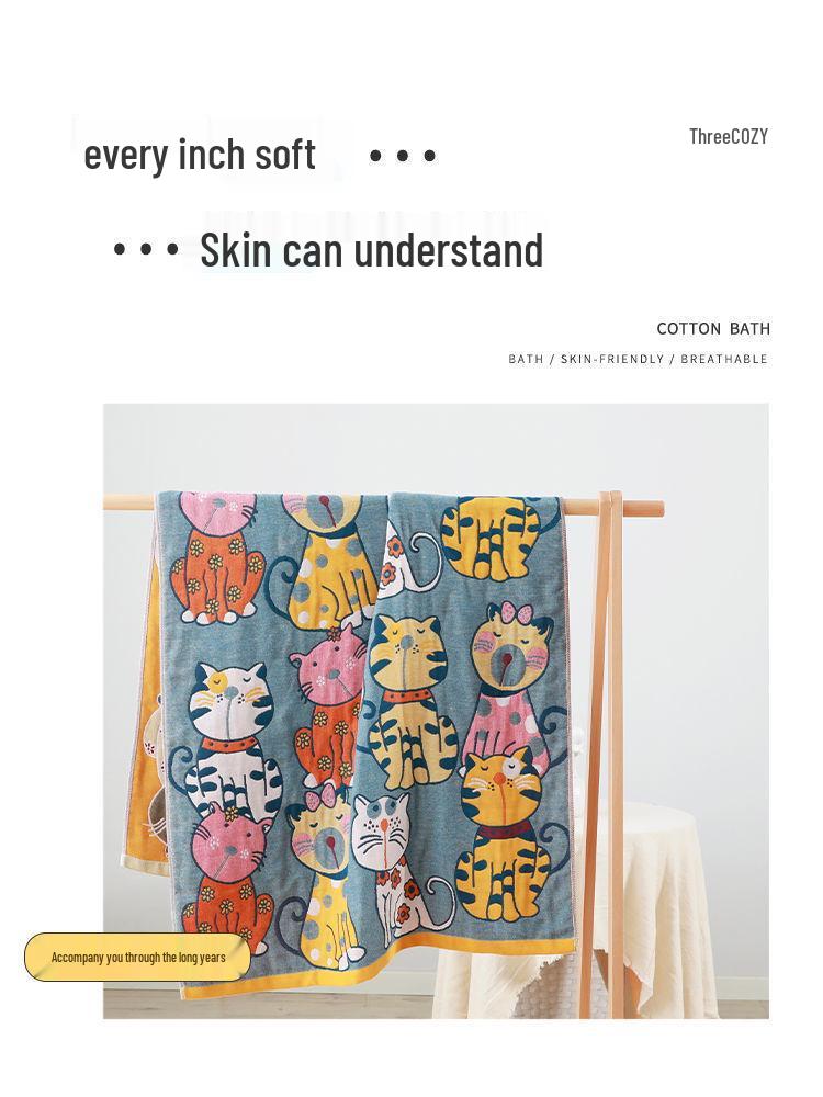 Extra Large Cotton Gauze Cartoon Bath Towel - Soft, Quick-Drying for Adults & Kids