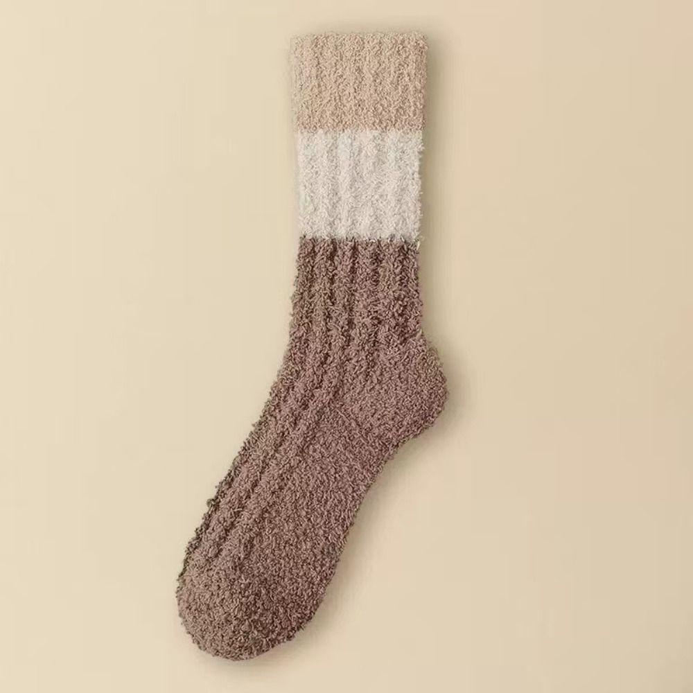 3Pairs Thickened Floor Plush Socks Stripe Mid Tube Socks Women Kawaii Coral Fleece Socks Autumn