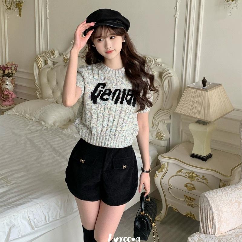 

Women s Crew Neck Short Sleeve Wool Knit Top - Autumn/Winter Jacquard Base Layer One Size (up to 125 lbs) абрикосовый