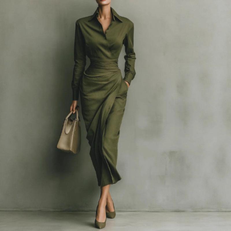 2025 Autumn Slim Fit Long Sleeve Dress: Elegant Women's Shirt Collar Long Skirt