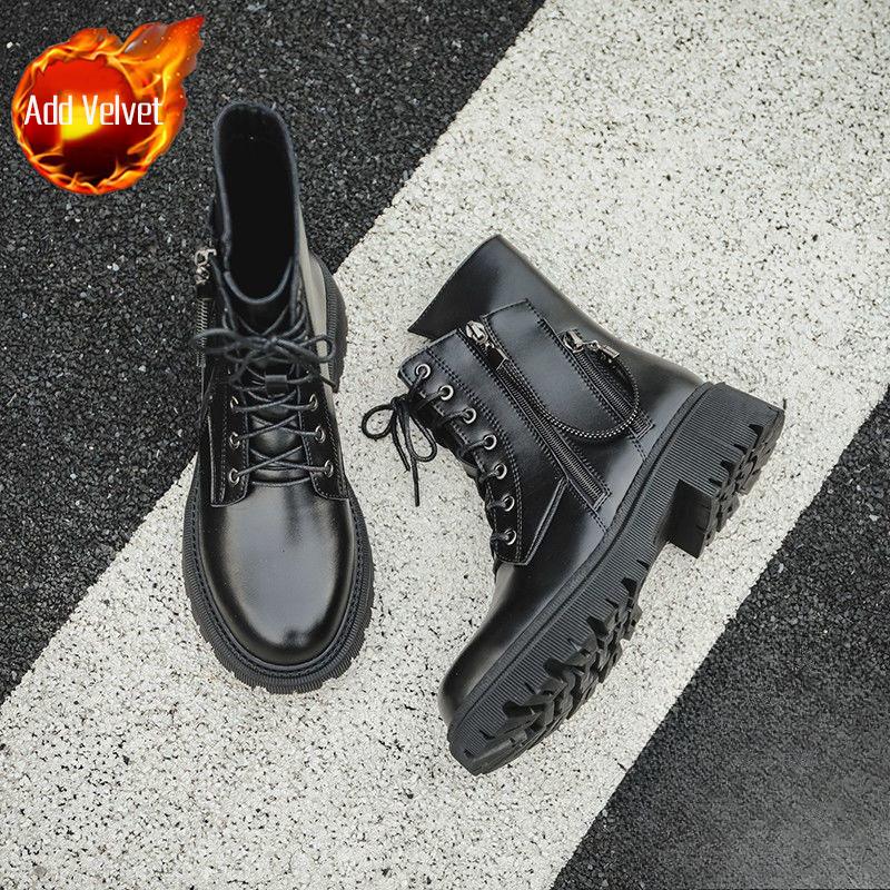 Fashion Punk Style Fur Black Booties Combat Leather Autumn Winter Ankle Boots for Women Hot Pu Footwear Boot Goth Sale Woman Short Shoes