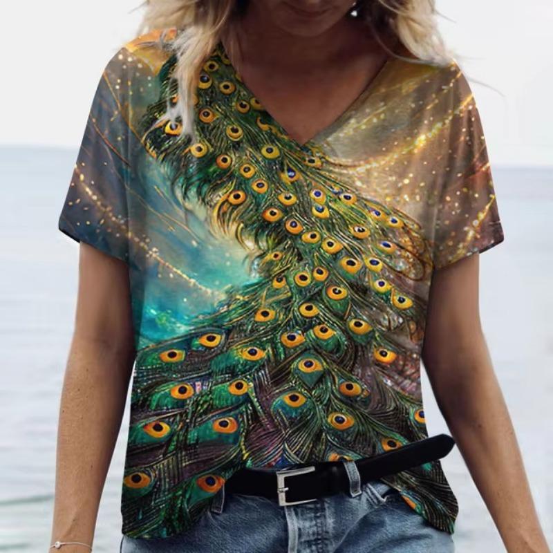 Summer V Neck Women T-Shirts 3D Print Peacock Feather Graphic Fashion Short Sleeve Harajuku Y2k Top Oversized Casual Female T Shirt