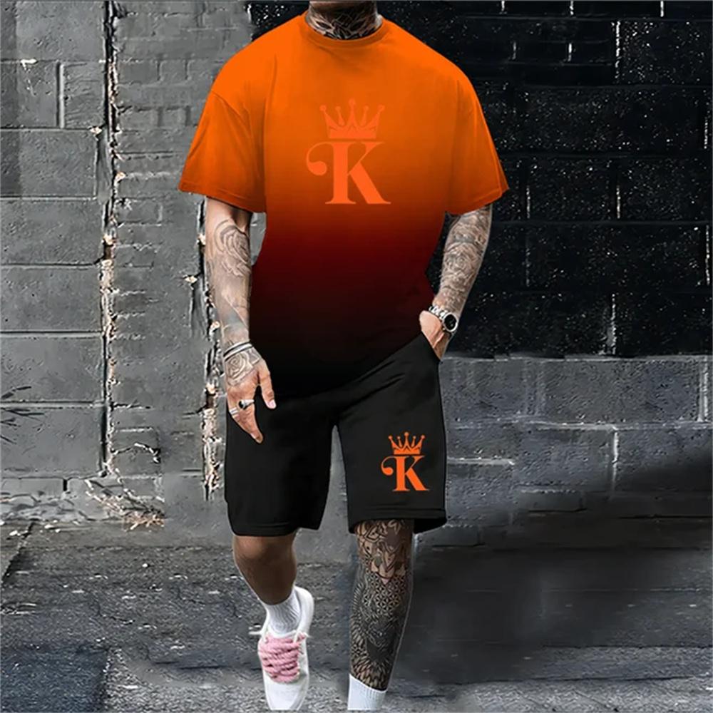 Pánský letní set volného střihu s 3D potiskem písmene K, ležérní a pohodlné tričko s krátkým rukávem a kulatým výstřihem ve stylu y2k
