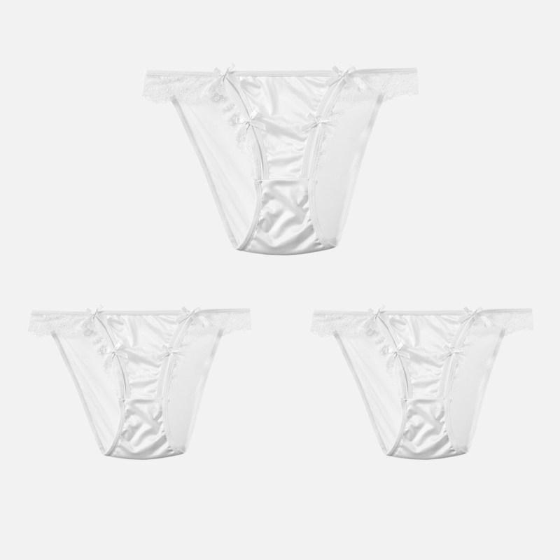 CINOON 3Pcs/Lot Women's Satin Sexy Briefs Lace‑Trim Mesh Spliced Panties Bow‑decor Solid‑Color Hollow‑out Bikini Briefs