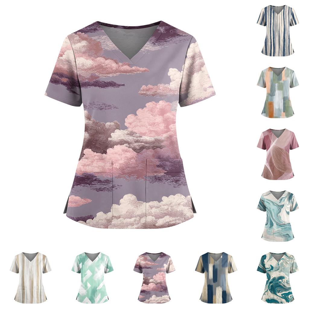 Women's Gradient Print V-Neck Double Pocket Short Sleeves Hem Slit Uniform Caregiver Top