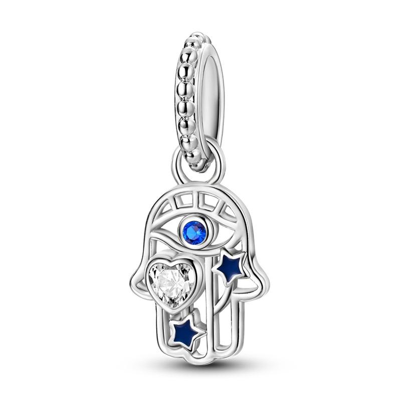 Exquisite 925 Silver Mysterious Blue Butterfly Devil's Eye Fatima's Hand Pendants Charms Beads Fit Qikaola Bracelets DIY Jewelry