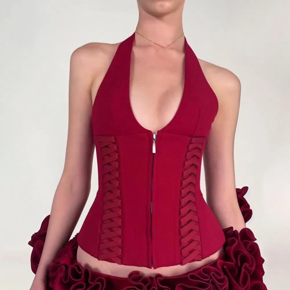 Deep V Neck Sleeveless Crop Top Tie Up Waist Strap Women Camisole Halter Vest Top Female
