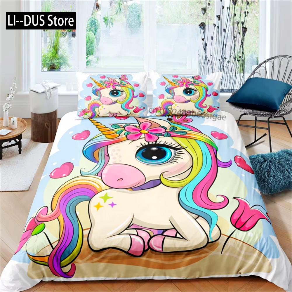 Children Bedding Sets Gifts Unicorn And Colorful Horse Printing Duvet Cover Sets For Kids Girls Boys 2/3 Pcs Single Pink Quilts
