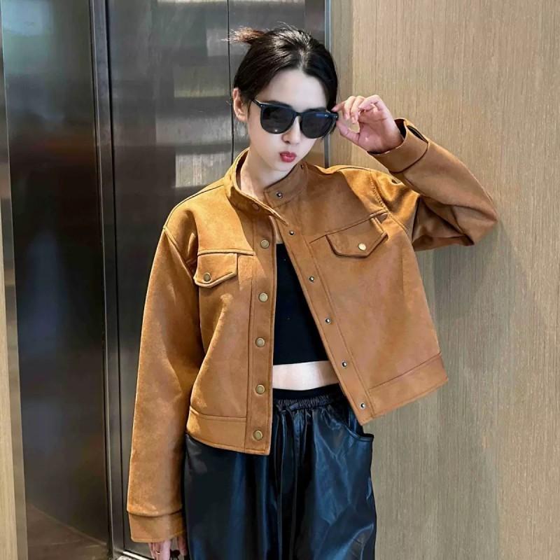 Womens Short Faux Suede Jacket Loose Fit Cropped Bomber Style Casual Chic Coat