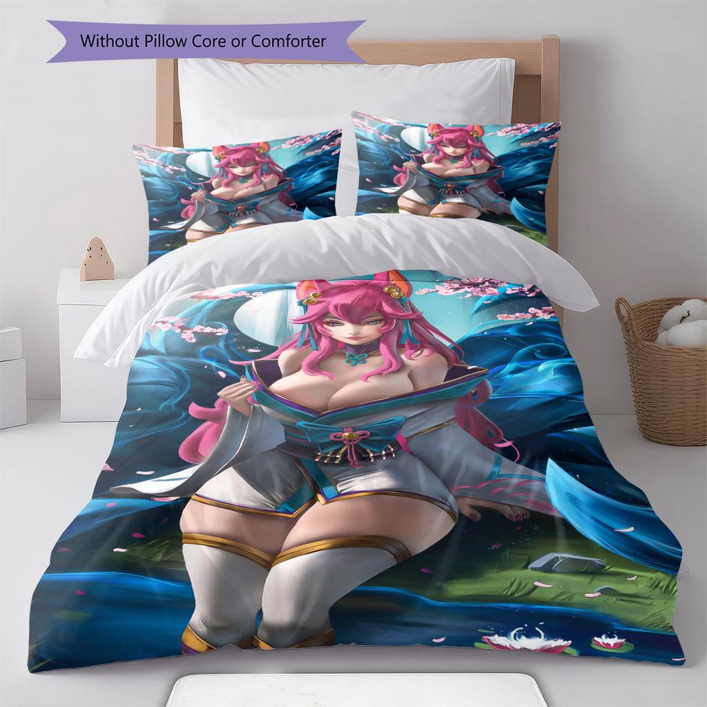 KDA Ahri Pattern Bedding Quilt Set Quilt Cover Pillowcase Home Decoration Gift (1 * duvet cover + 2 * pillowcase, without core)