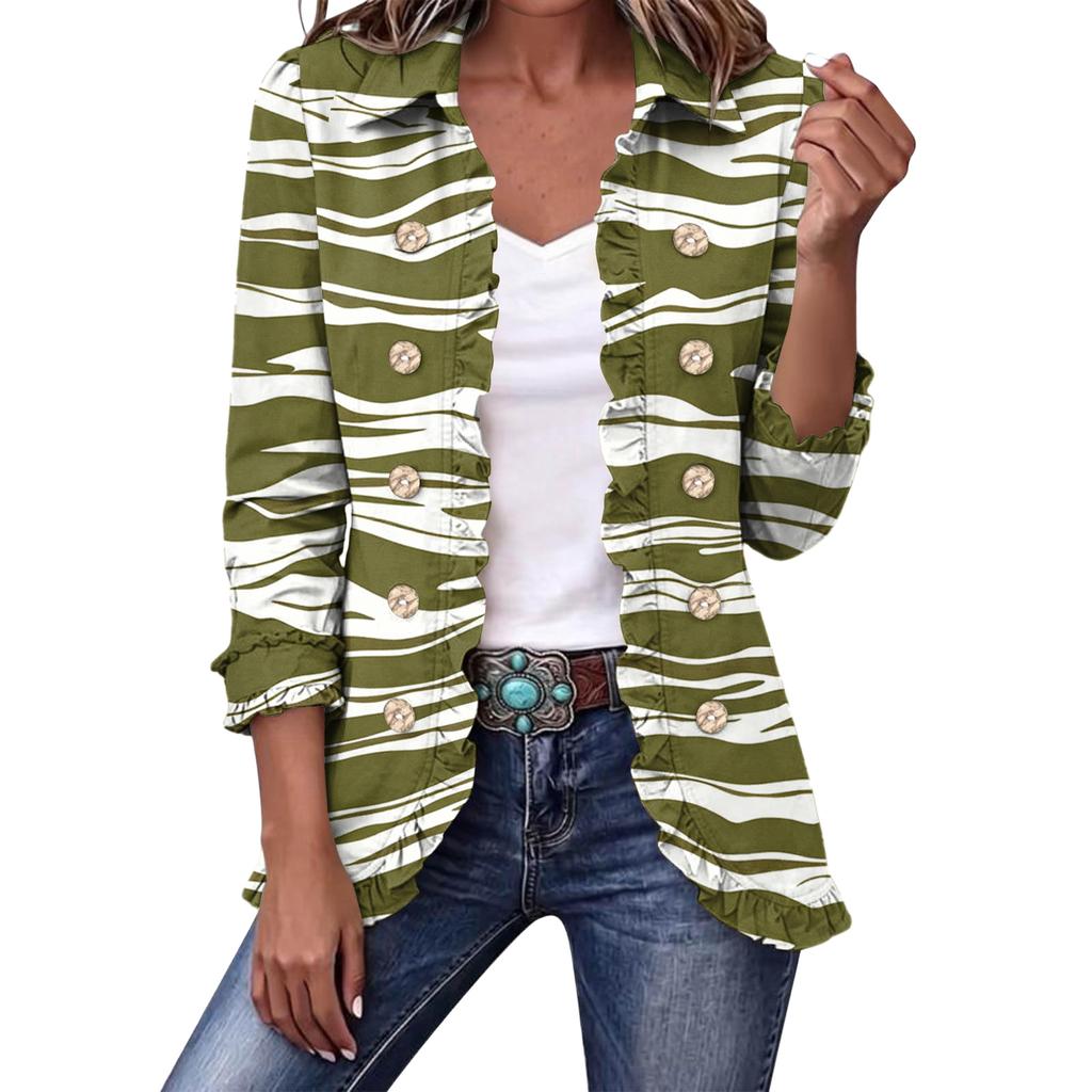 Women's Cropped Ruffle Hem Jacket, Lapel Collar Double-Breasted Outerwear for Casual Wear