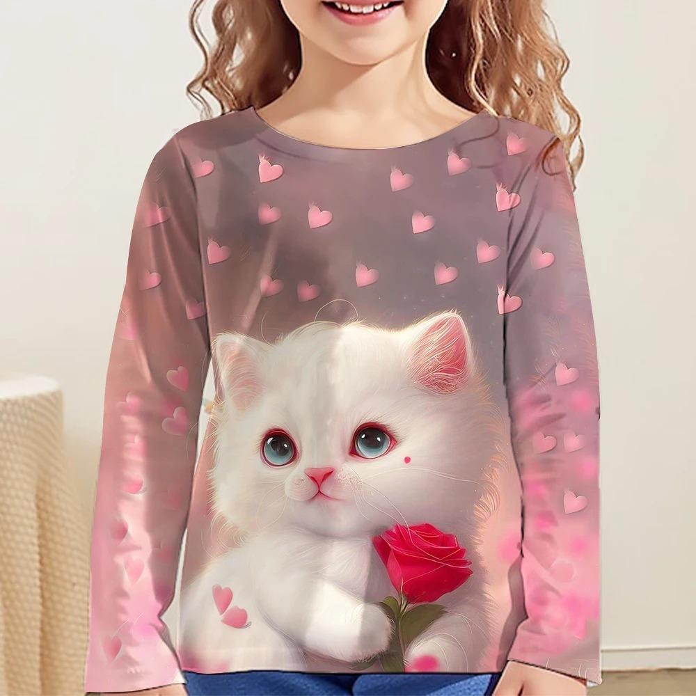 Kinder Niedliche Katze 3D Digitaldruck Mädchen Modetrend Rundhals Langarm T-Shirt