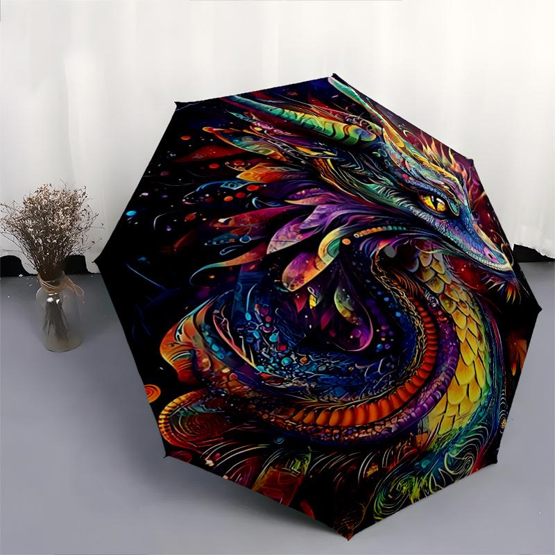 1pc Colorful Dragon Print Automatic Opening Folding Umbrella with 8-Bone Iron Frame - Portable Design for Outdoor Use, Festive Gift, Travel, Dail
