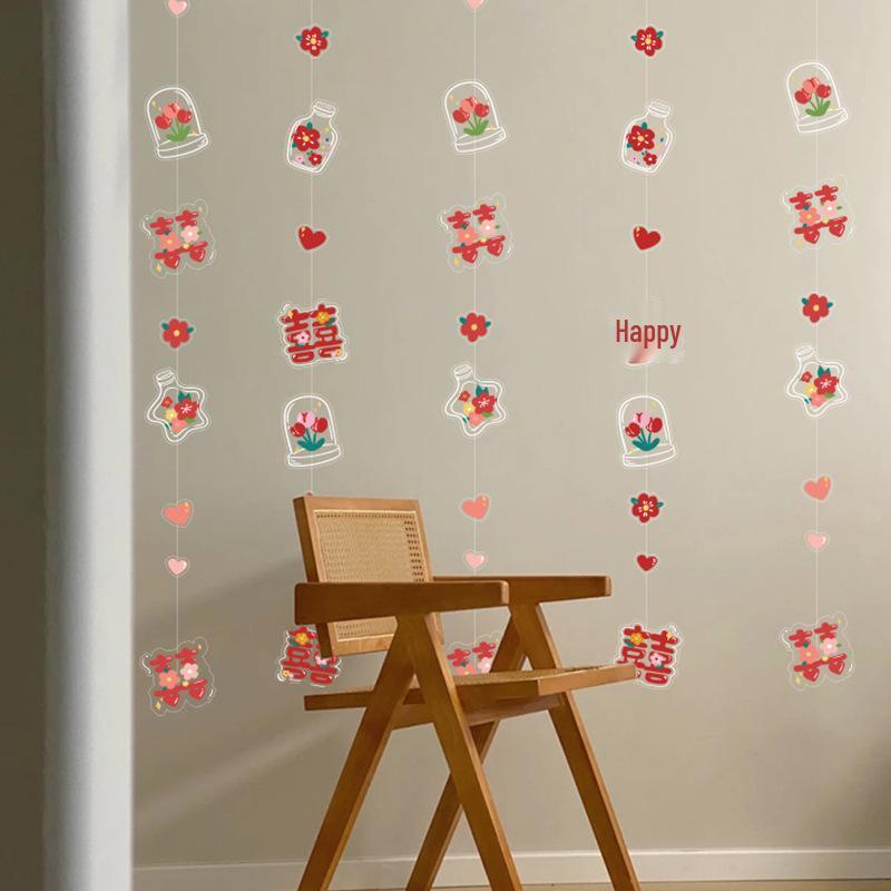 Our Home Wedding Decorations: Curtains, Pull Flowers, Hanging Ornaments, and Double Happiness Door Curtain for Wedding Rooms