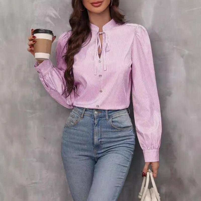 Spring and Autumn New Fashion Women's Stand Collar Tie Button Striped Long Sleeve Shirt