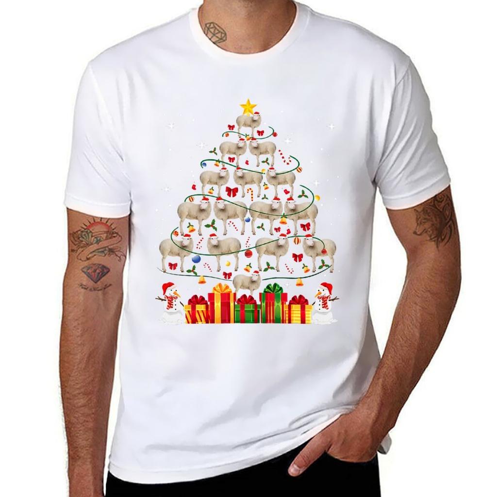 Sheep Christmas Tree Cute Xmas Gift Lover Lights Animals TShirt Simple Line Art Print Tee