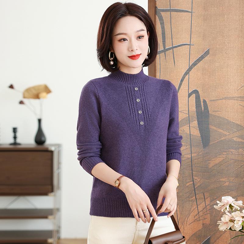 2024 Women's Autumn/Winter Semi-High Collar Long-Sleeve Knitted Top for Middle-Aged and Elderly.