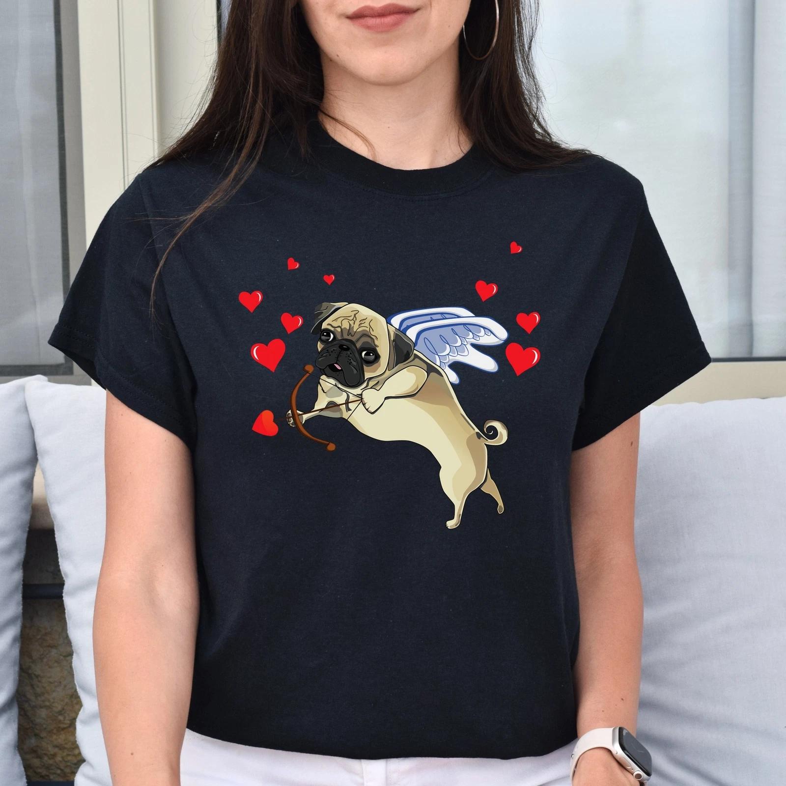 Cupid Pug Unisex T-Shirt gift Valentine Pug dog owner tee black dark heather 4XL