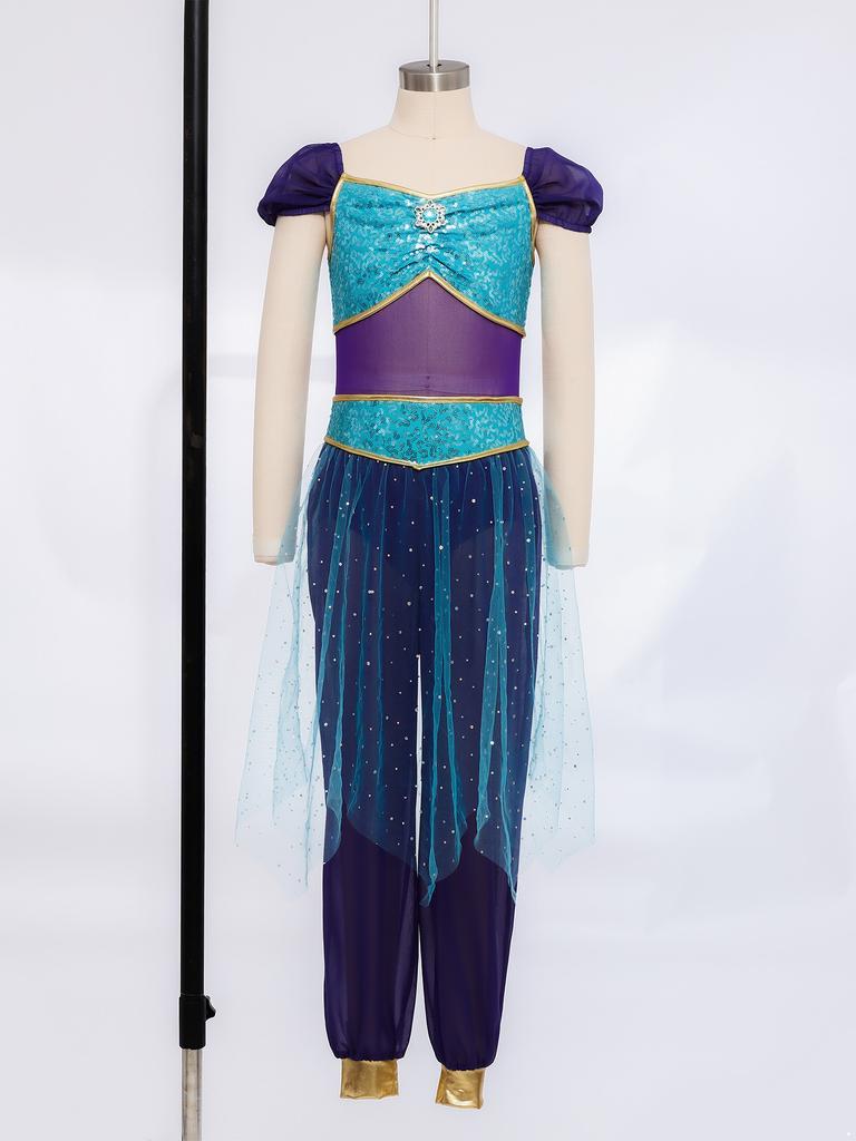 Dívčí sada arabské princezny pro břišní tance: Barevný overal s kamínky, flitrovaným pasem a tylovým přehozem pro Halloween Cosplay