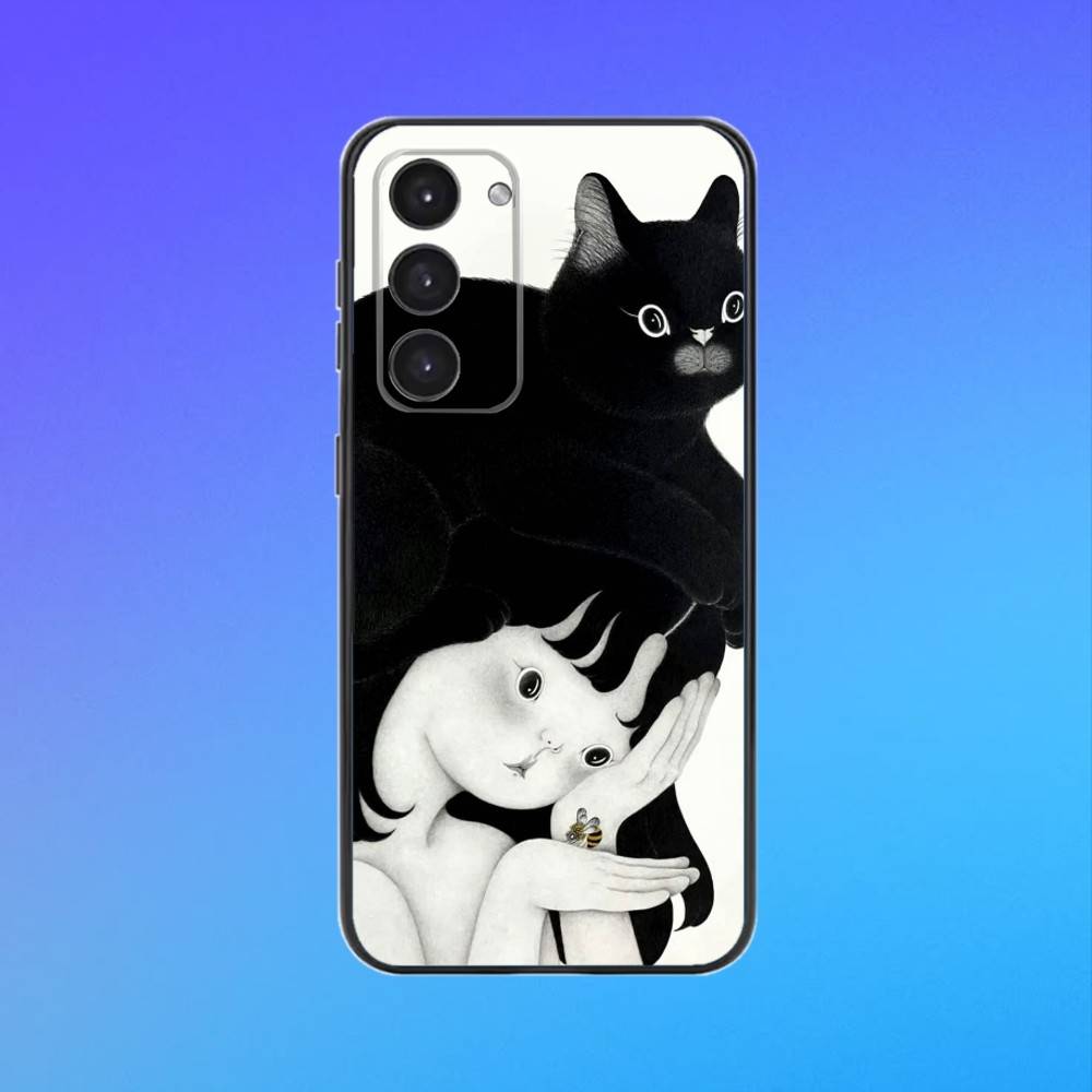 cute cat by artist Park Sung-O Phone Case For Samsung A73,A72,A71,A70,A53,A52,A51 Black Soft Case