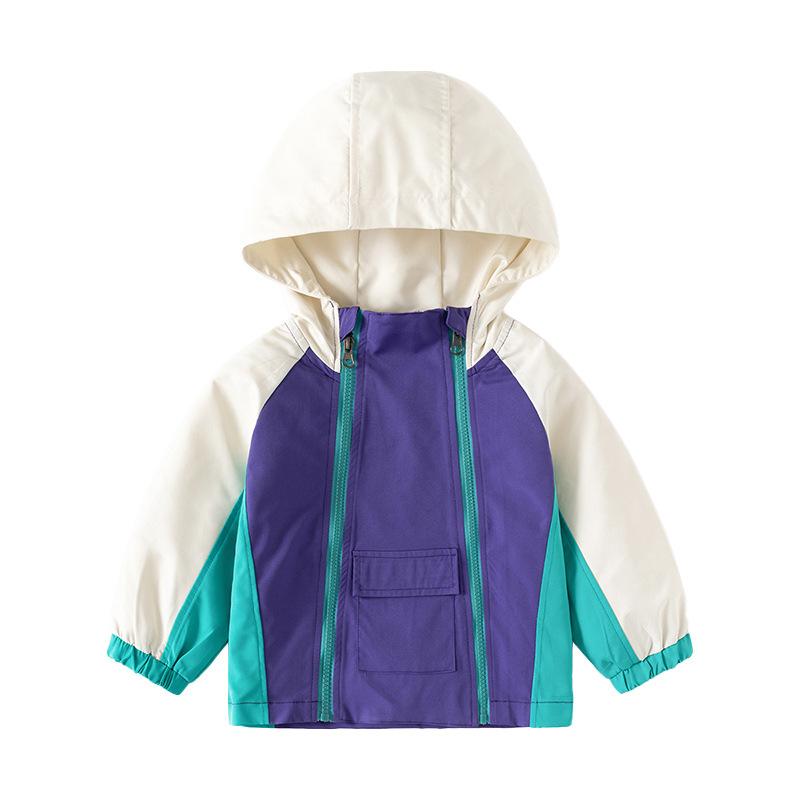 Children's hooded jacket 2024 spring boys zipper shirt baby coat color matching jacket double zipper top
