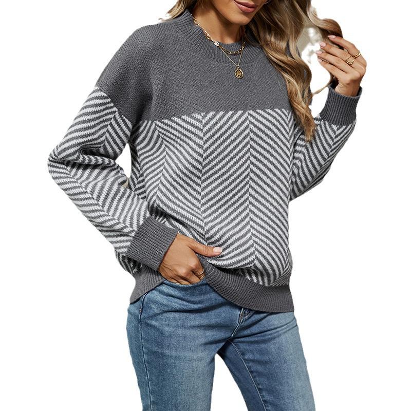 Women's 2024 Autumn/Winter Striped Casual Knit Sweater - European & American Style, Long Sleeve