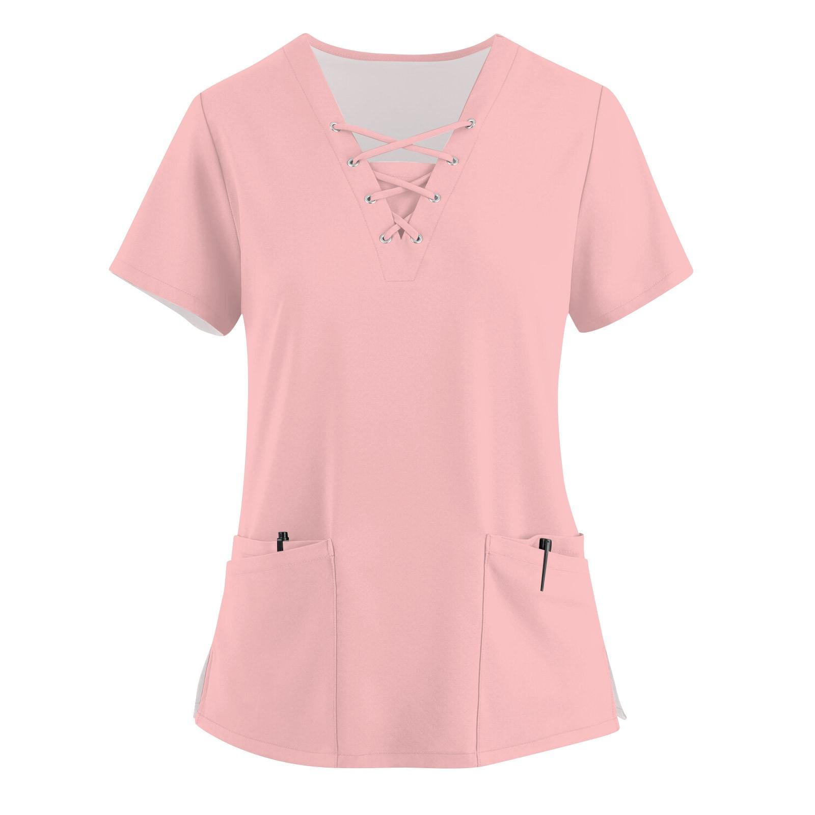 

Женская модная рабочая одежда с v-образным вырезом и короткими рукавами, однотонные топы с завязками и карманами и защитная одежда L розовый