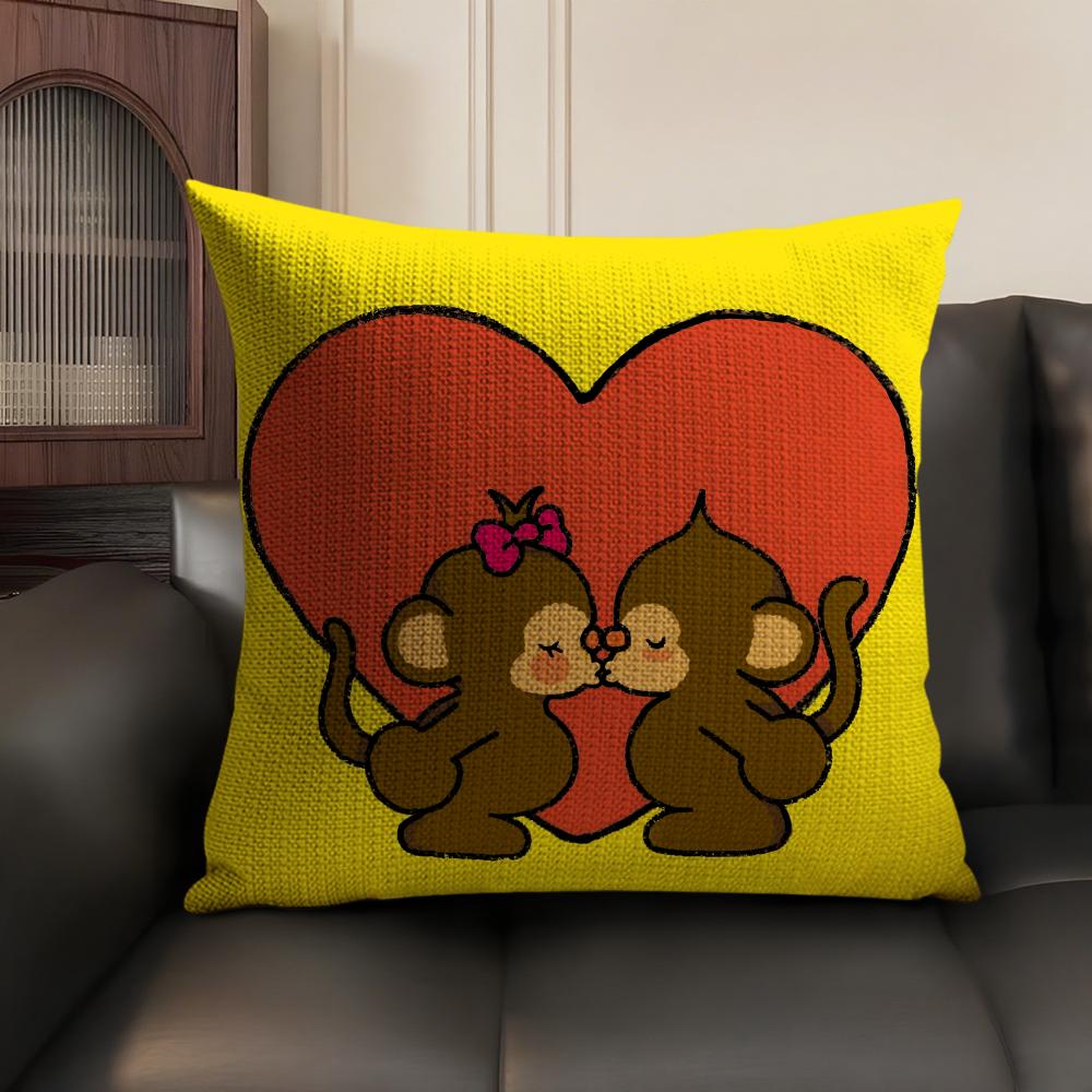 Happy Monkey Cushion Cover Summer Breathable Linen Organic Fabric Double-Sided Printing Sofa Pillow Case Home Decor