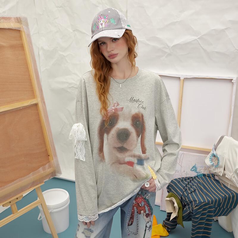 UNIFREE Cute Animal Print Lace Trim T-Shirt